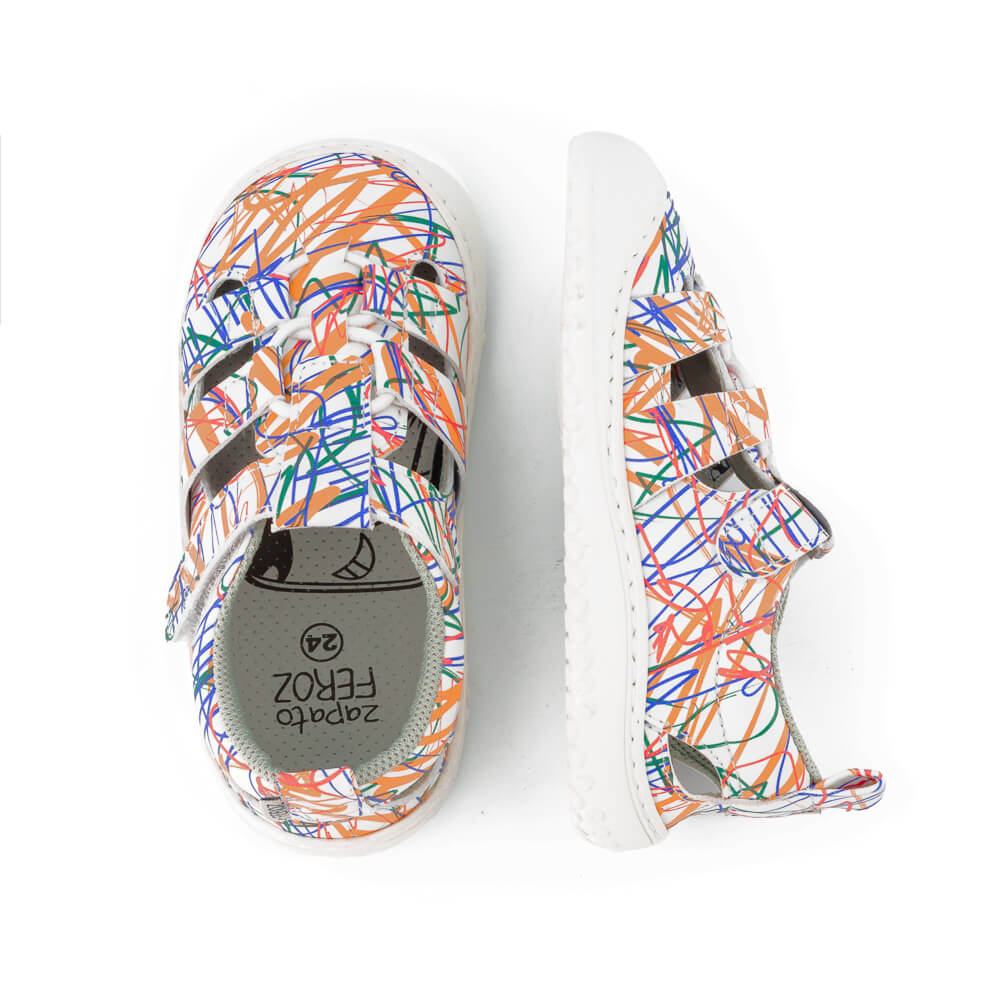 sandalias infantiles veganas microfibra diseno divertido rayajos colores canet rocker risco ss24 | Risco Microfibra